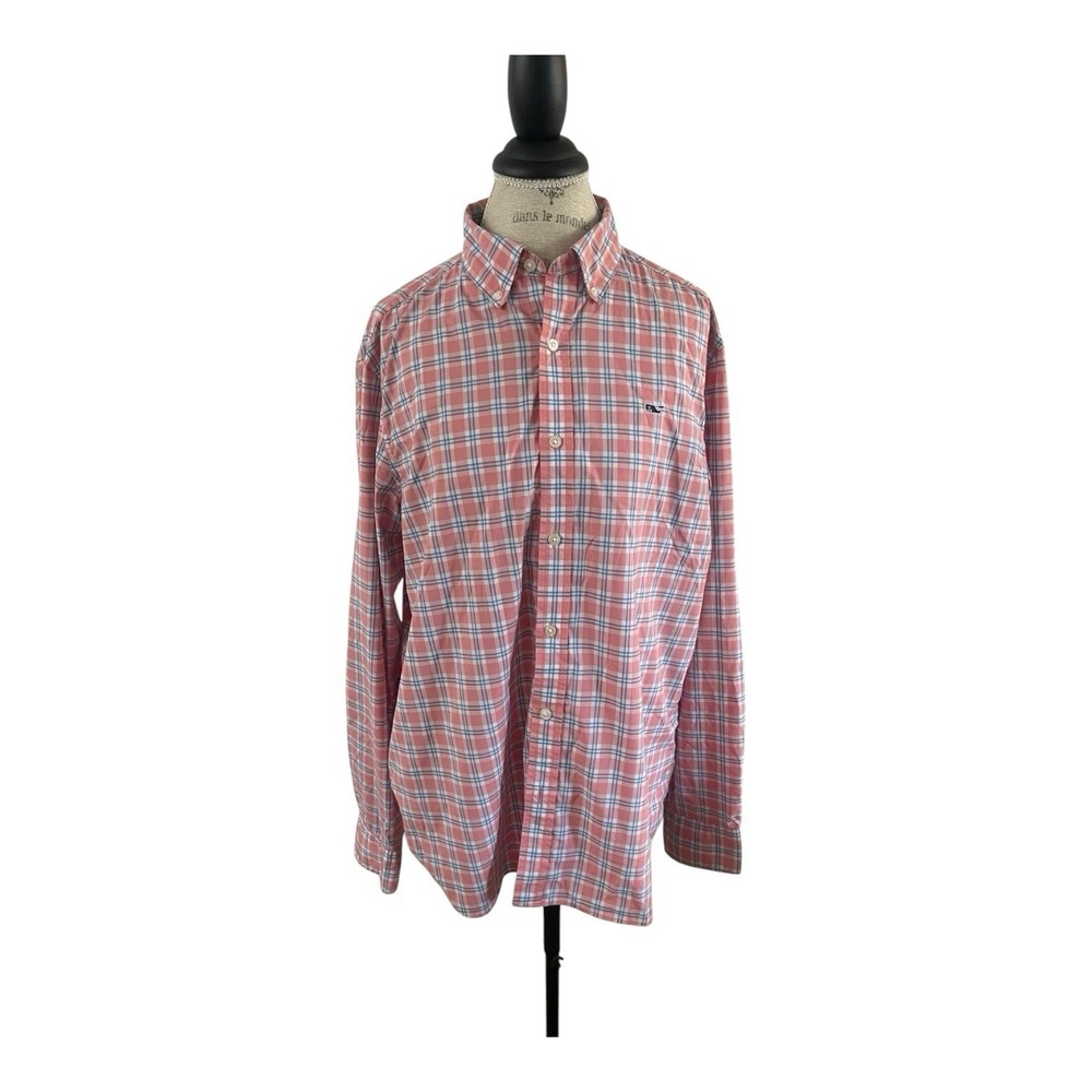 Vineyard Vines Shirt Mens Large Performance Pink Plaid Button Down Whale